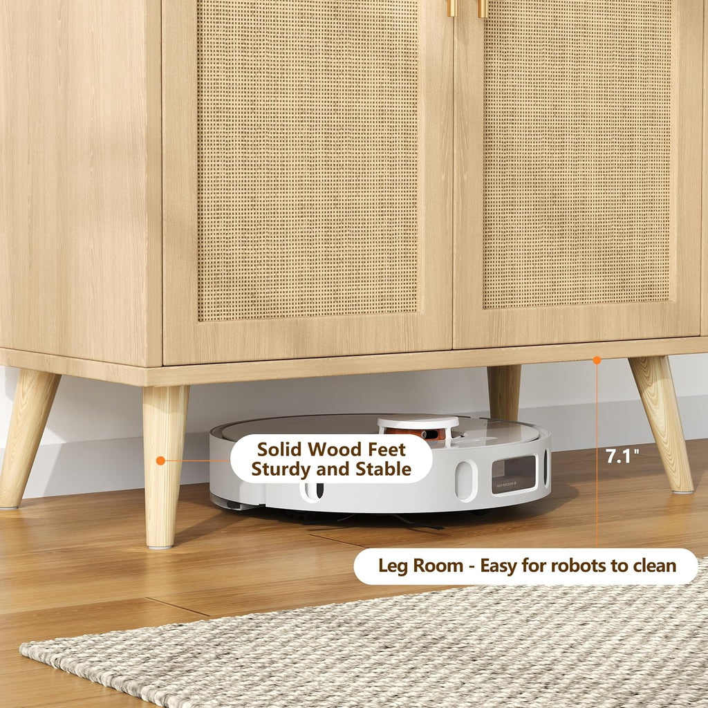 Set of 2 Rattan Storage Cabinet with 4 Doors & Solid Wood Legs | 59 Inch Sideboard with Adjustable Shelf , Floor