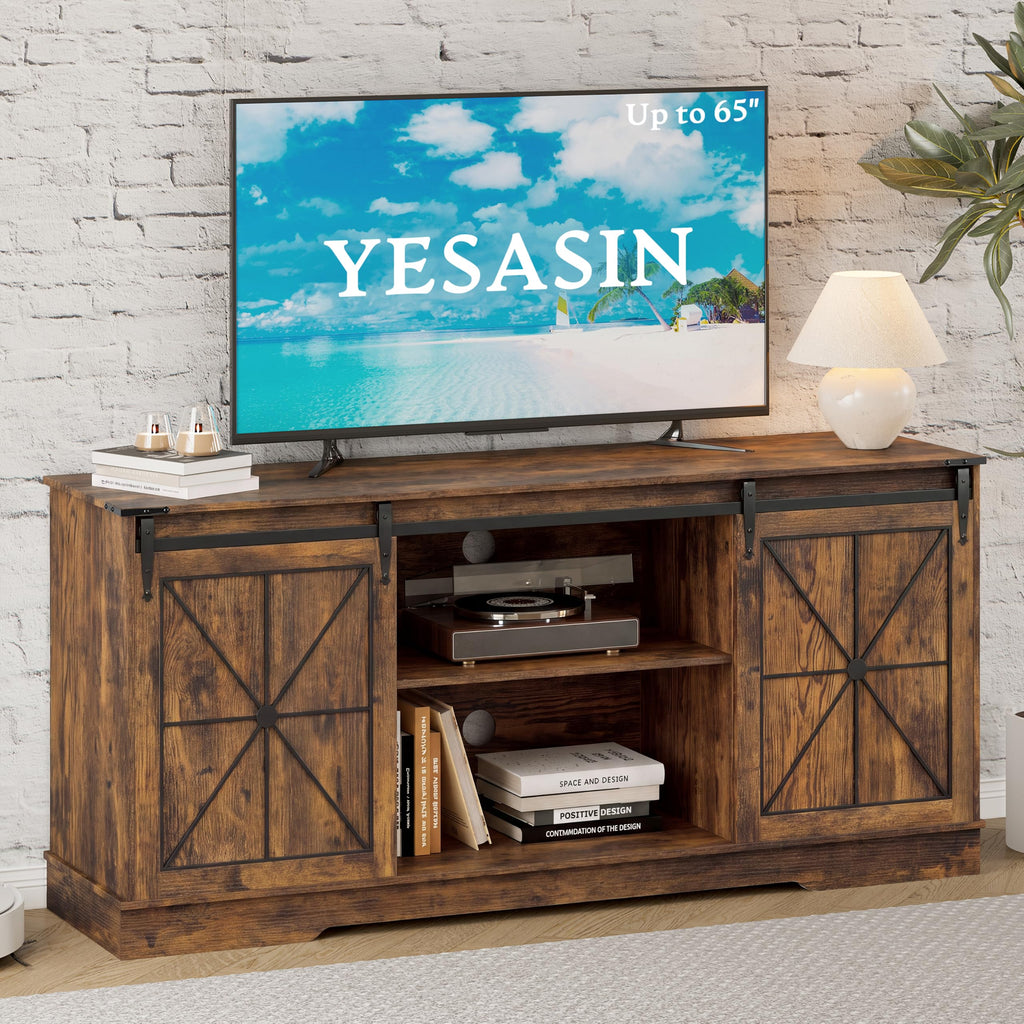 Farmhouse TV Stand for 65 Inch TV with Sliding Barn Doors, Brown