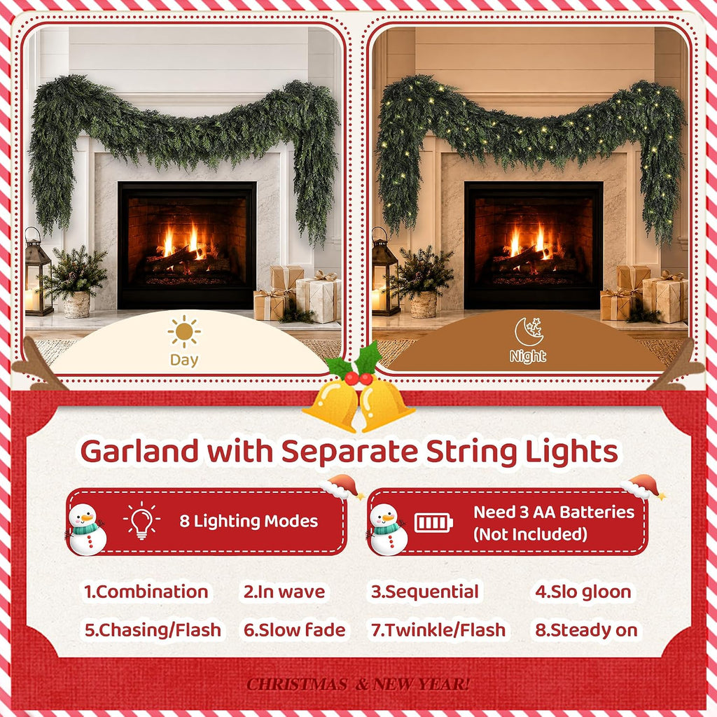 15FT Real Touch Cedar Christmas Garland with Seperate String Lights
