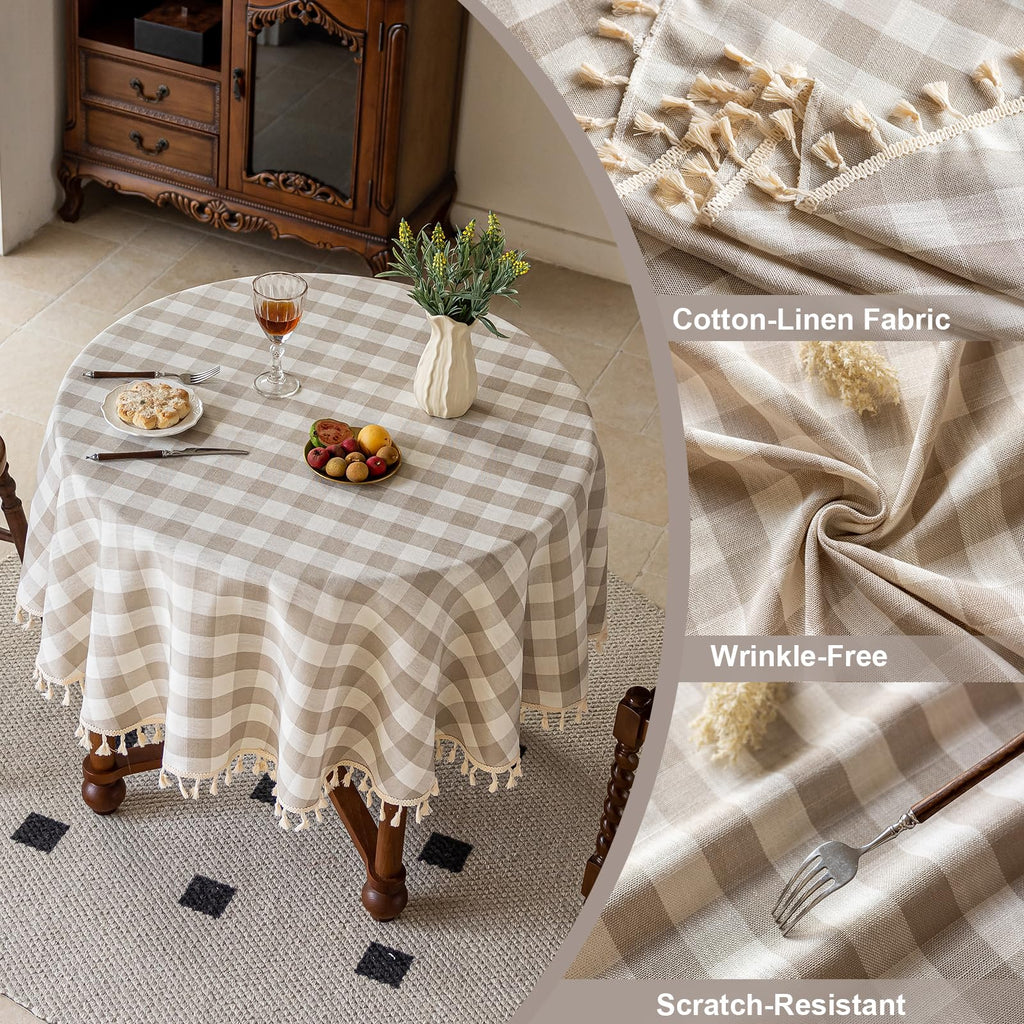 Thanksgiving Gingham Tablecloth Round 60 inch, Outdoor Washable Checkered Plaid Table Cloth Cotton Linen Fabric