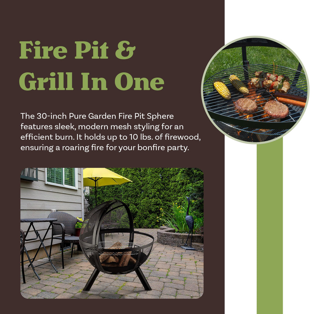 Outdoor Fire Pit Sphere with Grill for Barbequing, 30"