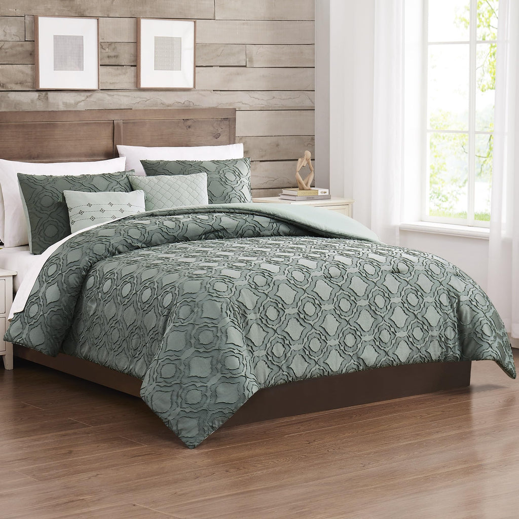 5-Piece Jacquard Comforter Set, Samson Queen in Ivy Green - Elegant Comforter, 2 Pillow Shams, and 2 Decorative