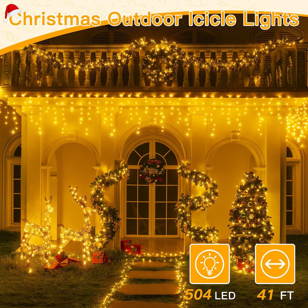 Icicle Lights for Outside 504LED 41FT, Warm White Christmas Light with Remote 8Modes Timers Waterproof, Plug