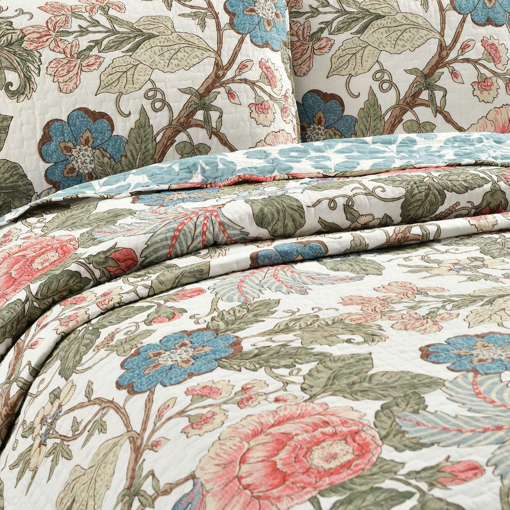 Reversible Cotton Quilt Set, 3 Piece Set, Full/ Queen, Green & Blue - Cotton Bedding Set - Blue Floral Quilt