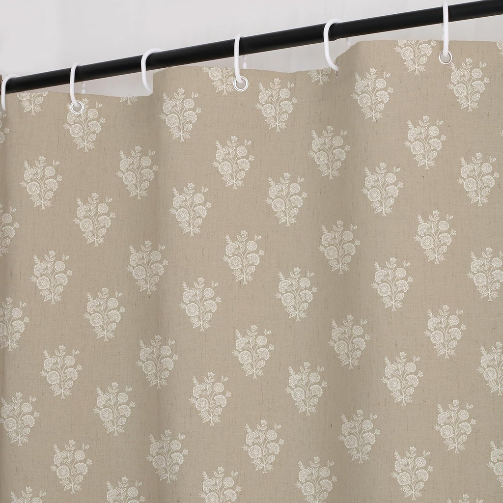 Beige Linen Textured Ruffle Shower Curtain - Vintage Floral Block Print,Boho Cottagecore Farmhouse French Country
