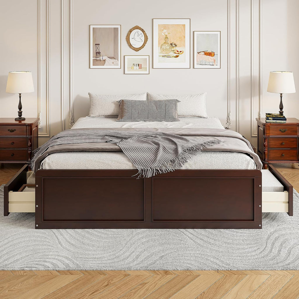 Wood Platform Bed Frame, with 6 Drawers, Floor Wooden Bed Frame Without Headboard, Storage Bed Frame Wood