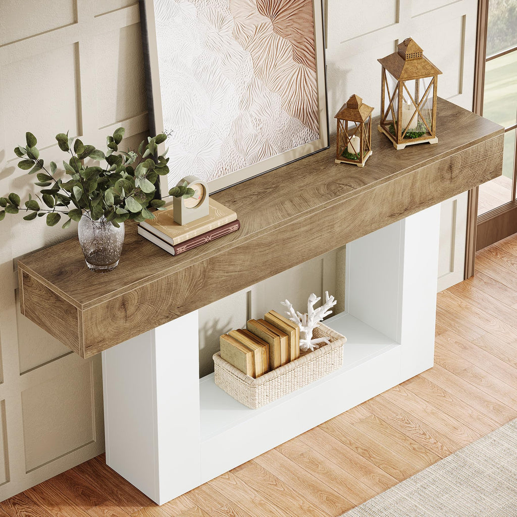 63-Inch Long Console Table, 2-Tier Entryway Table Sofa Table with Storage, Farmhouse Wood Behind Couch Table, Light