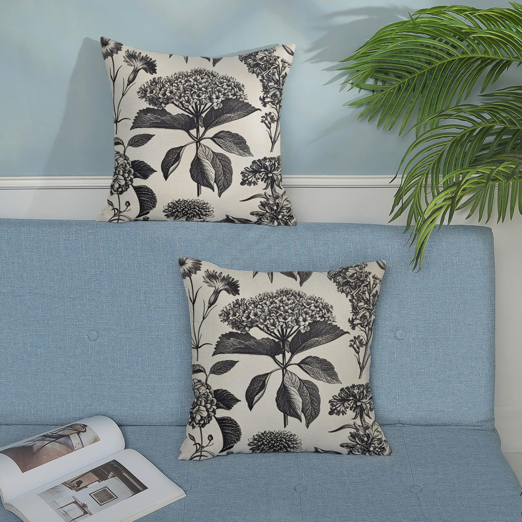 Black Pillow Covers 20x20 Set of 2 Boho Herbs Botanical Floral Hydrangea Throw Pillows Vintage Flower Outdoor
