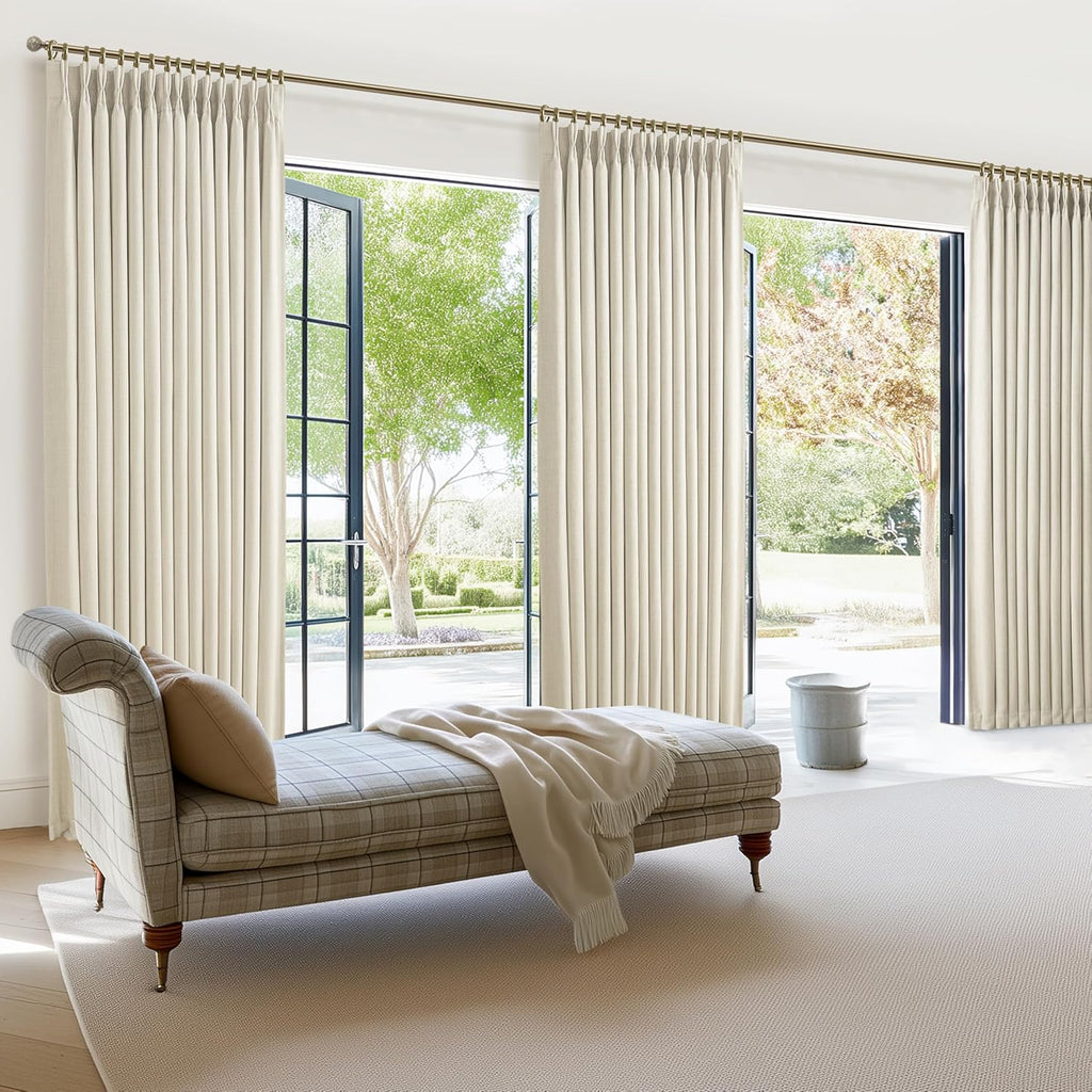 Thick Linen Sand Beige Black Out Curtains 96 Inch Long, Elegant Pinch Pleated Room Darkening Cream Curtain & Drapes