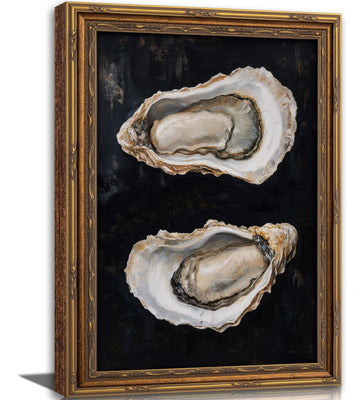 Vintage Gold Framed Oyster Wall Art Dark Moody Seafood Shell Shel Painting Canvas Print Black Background Seafood