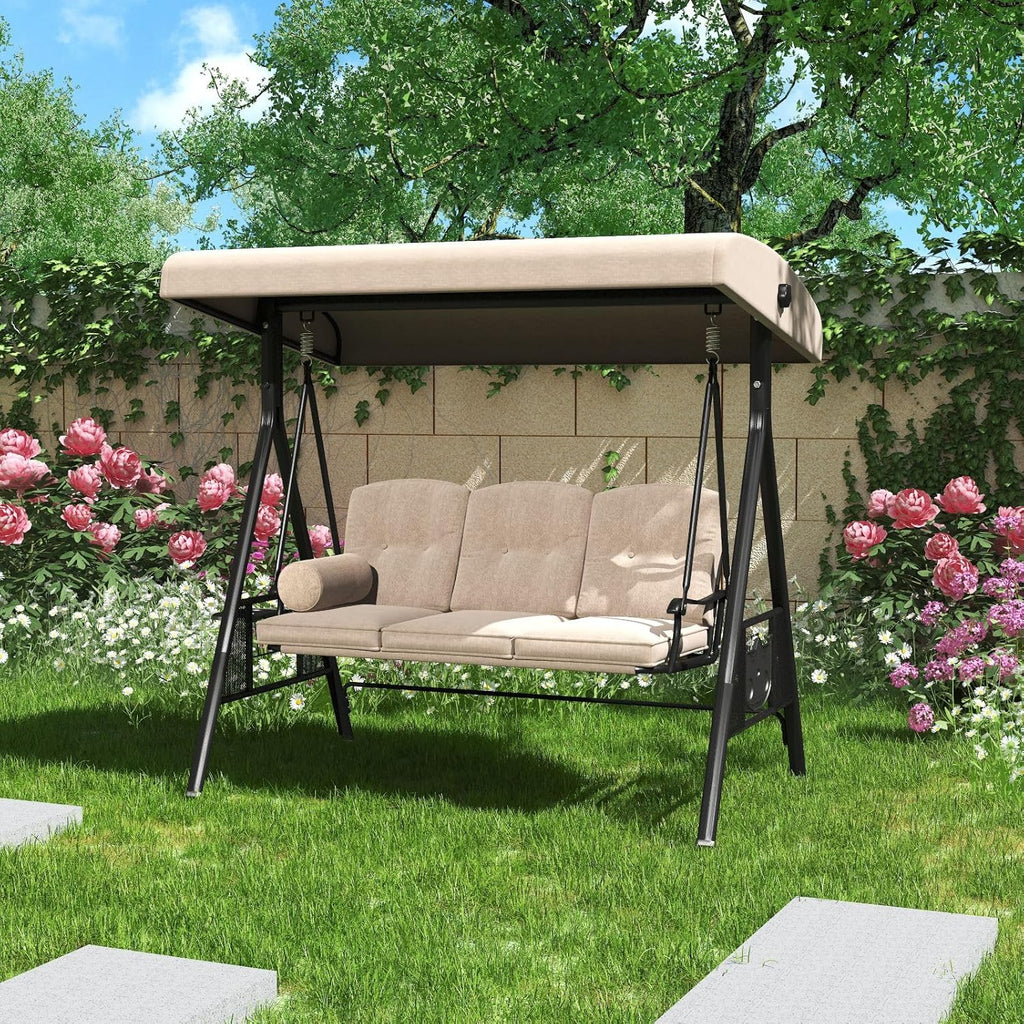 Outdoor Porch Swing, 3-Seat Porch Swing with Adjustable Canopy, Outdoor Swings for Adult with Beige Removable
