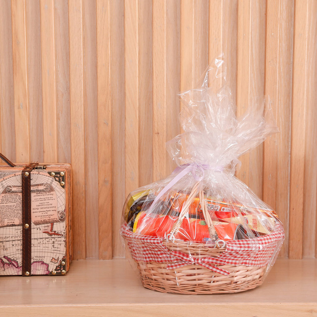 Oval Wicker Gift Basket with Double Drop Down Handles, Red Gingham Lining, Woven Picnic Basket for Gifts, Gathering
