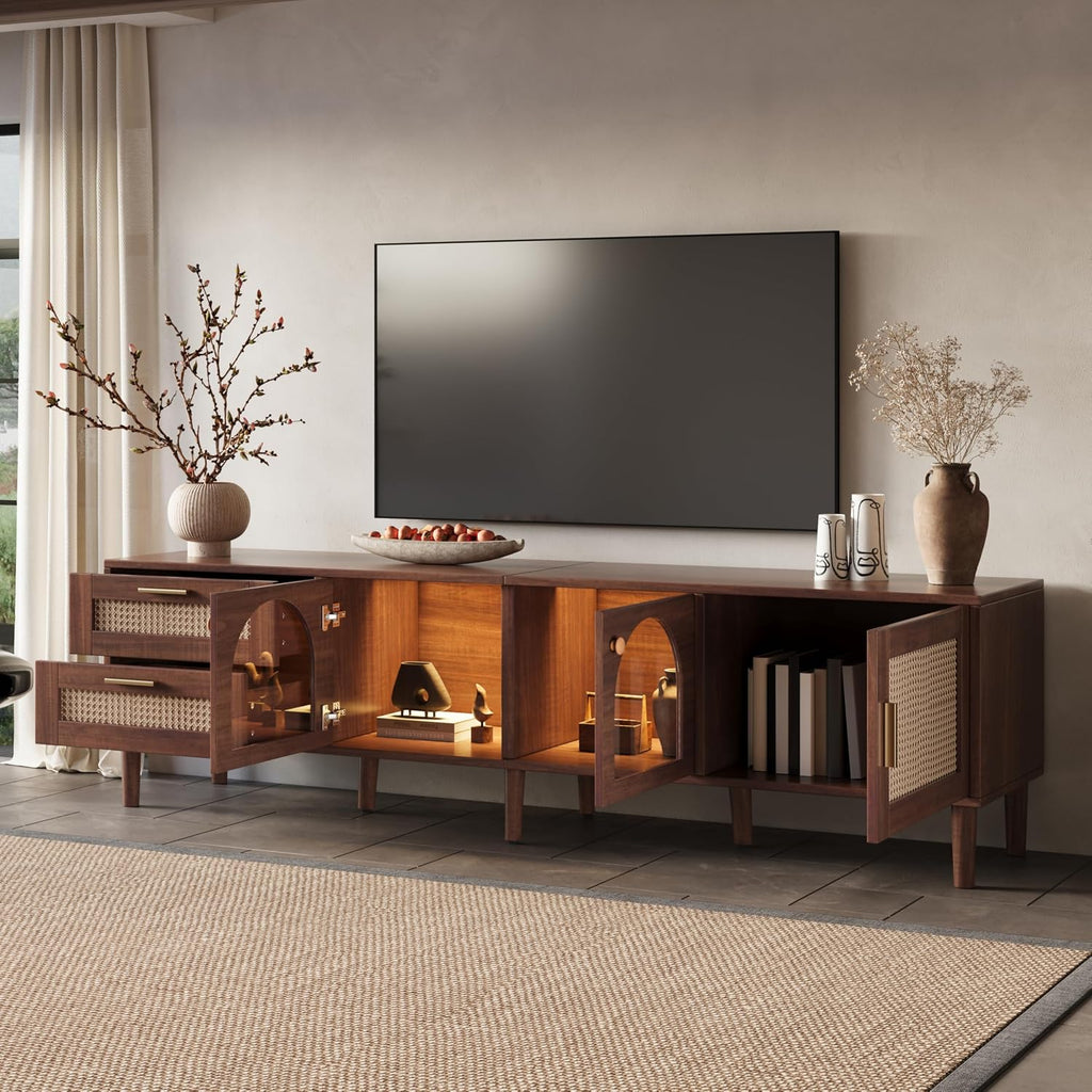 Rattan TV Stand with LED Lights, 70" Entertainment Center with 3 Cabinets & 2 Drawers Media Console Table for TVs Up