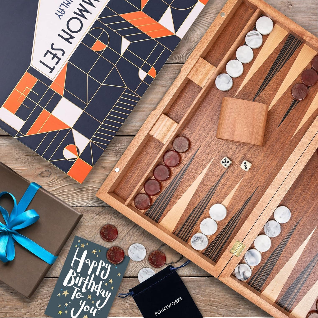 17 Inch Backgammon Sets for Adults. Beautiful Wood Inlaid Backgammon Board Game Set with Unique Checkers & Dice.