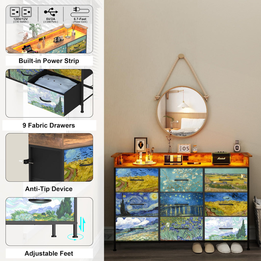 Dresser Van Gogh Dressers with 9 Drawers Chest of Drawers Fabric Clothes Drawer Fabric Closet Organizer Entryway