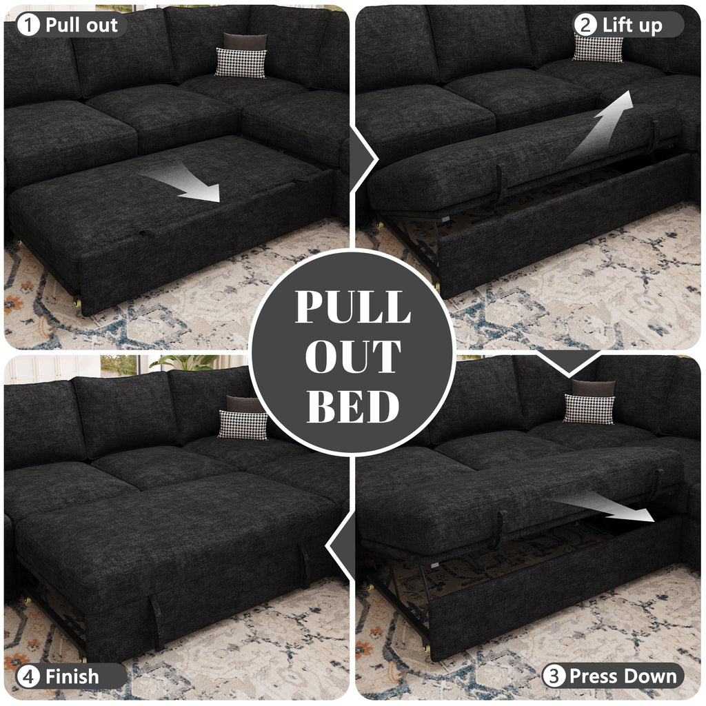 85'' Modular Sectional Sofa with Pull Out Bed, Sleeper Sofa, Black