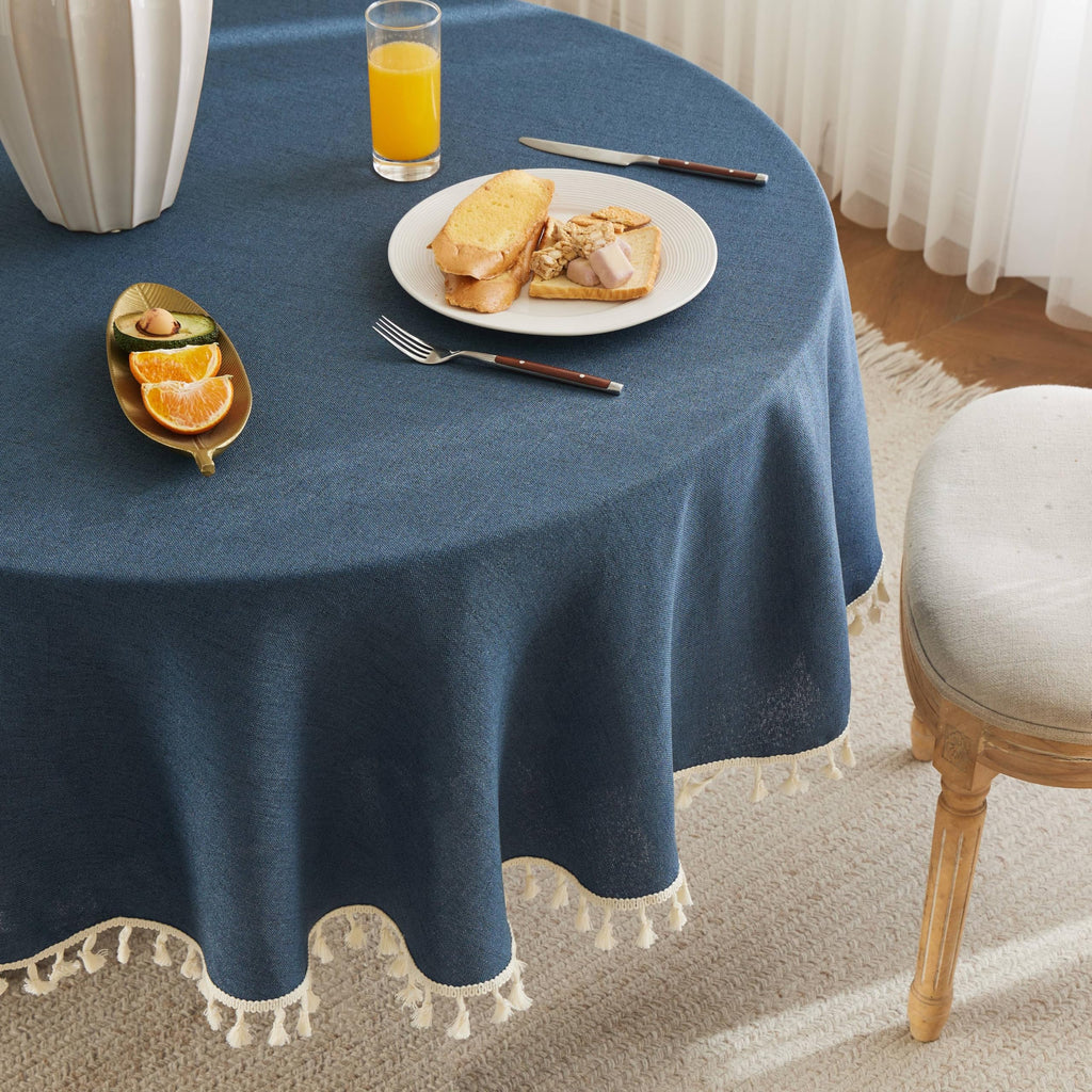 Tassel Linen Round Table Cloth, Navy 60 Inch