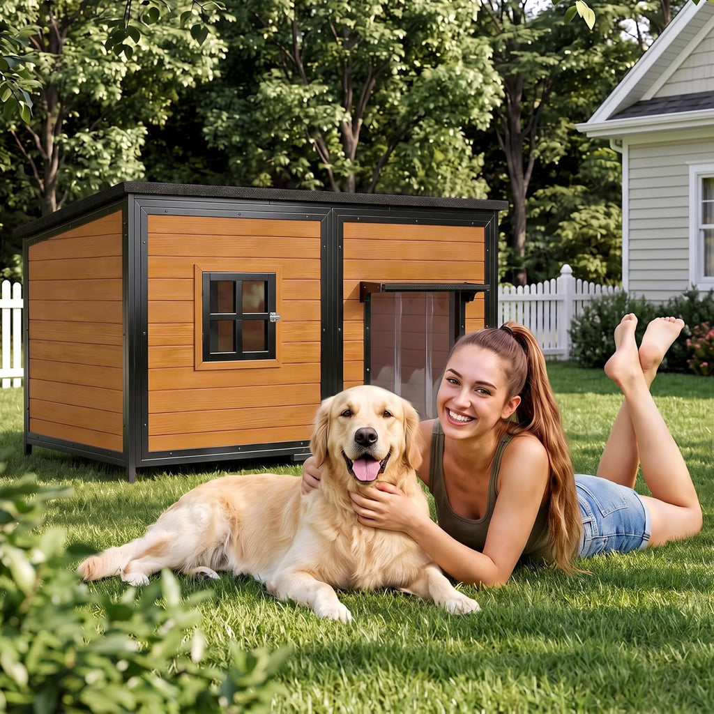 59" Extra Large Outdoor Dog House with Insulated Liner, Brown