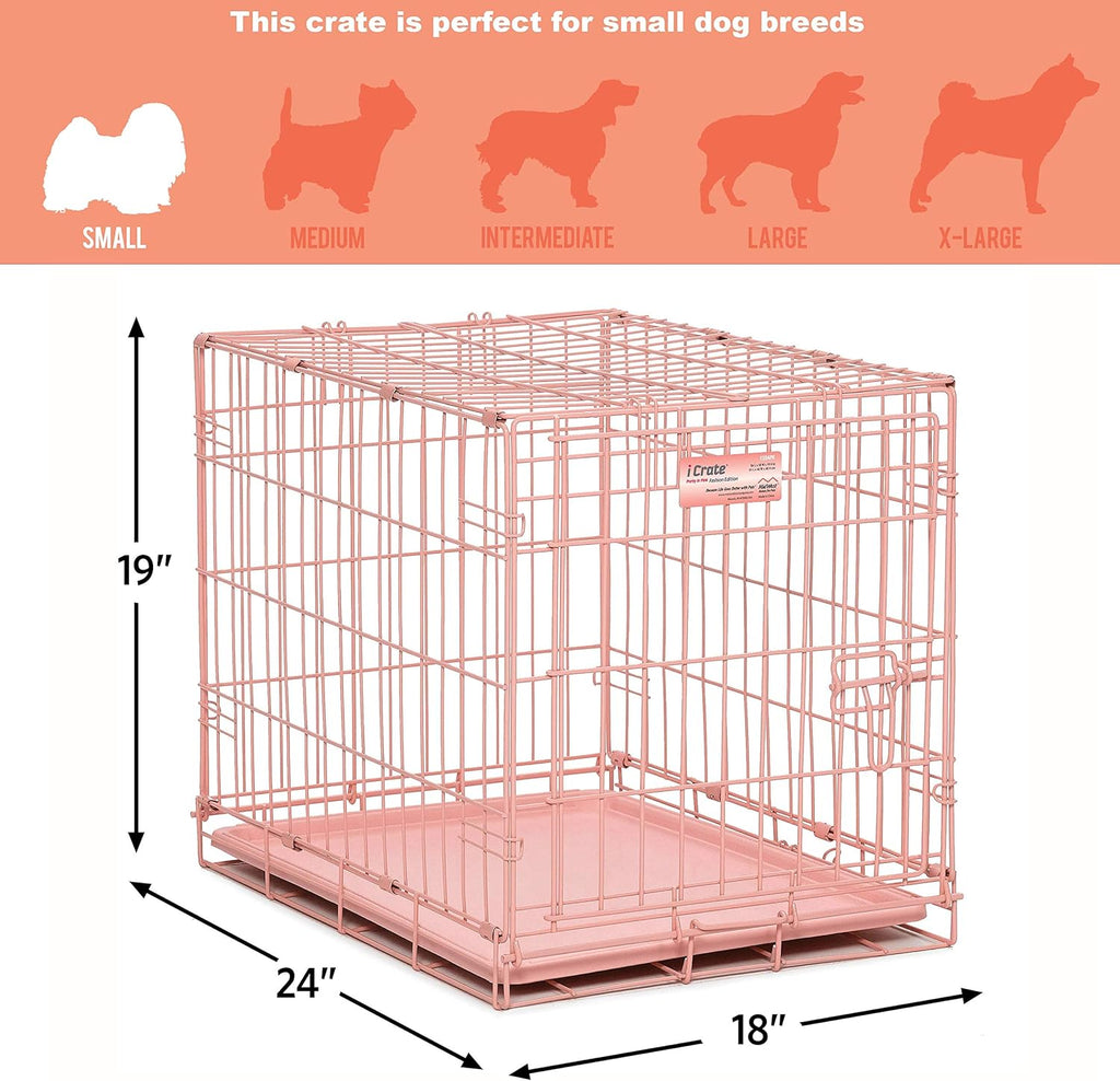24-Inch Pink Fashion iCrate for Small Breeds, 12-20 lbs, Single Door Folding Dog Crate with Divider Panel