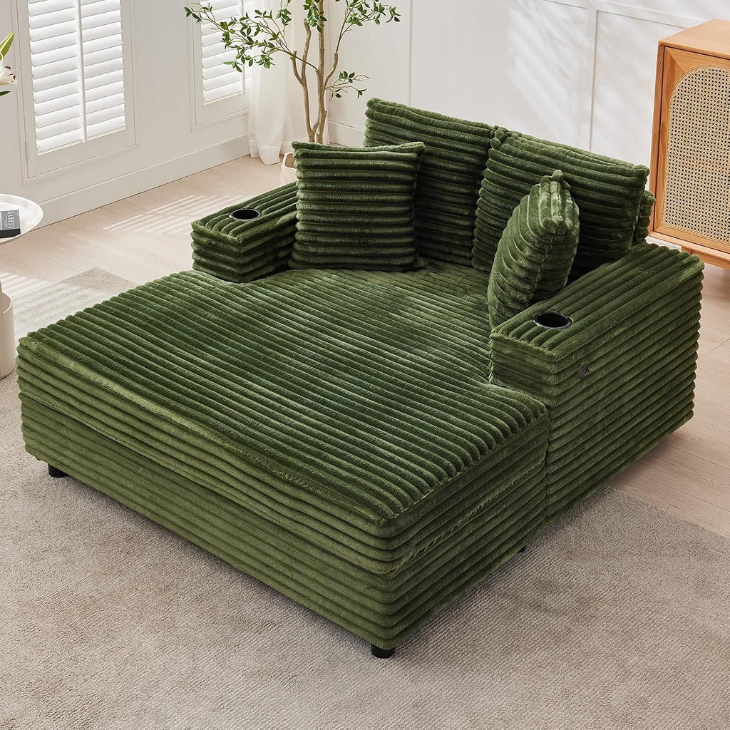 60" Oversized Chaise Lounge Chair Indoor, Comfy Corduroy Lounge Sofa with Charging Station, Upholstered Sofa Bed