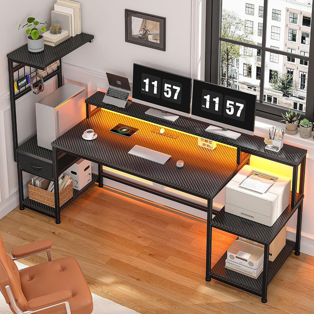 63" Gaming Desk with RGB LED,Headphone Hook Shelves | Sturdy Metal Frame No Wobble,Storage Shelves&Drawer for Game