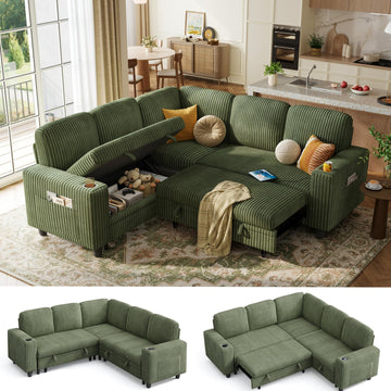 Pull Out Sofa Bed Sectional Sleeper Sofa with Storage, Plush Corduroy Pullout Modular Sectional Couches, L Shaped