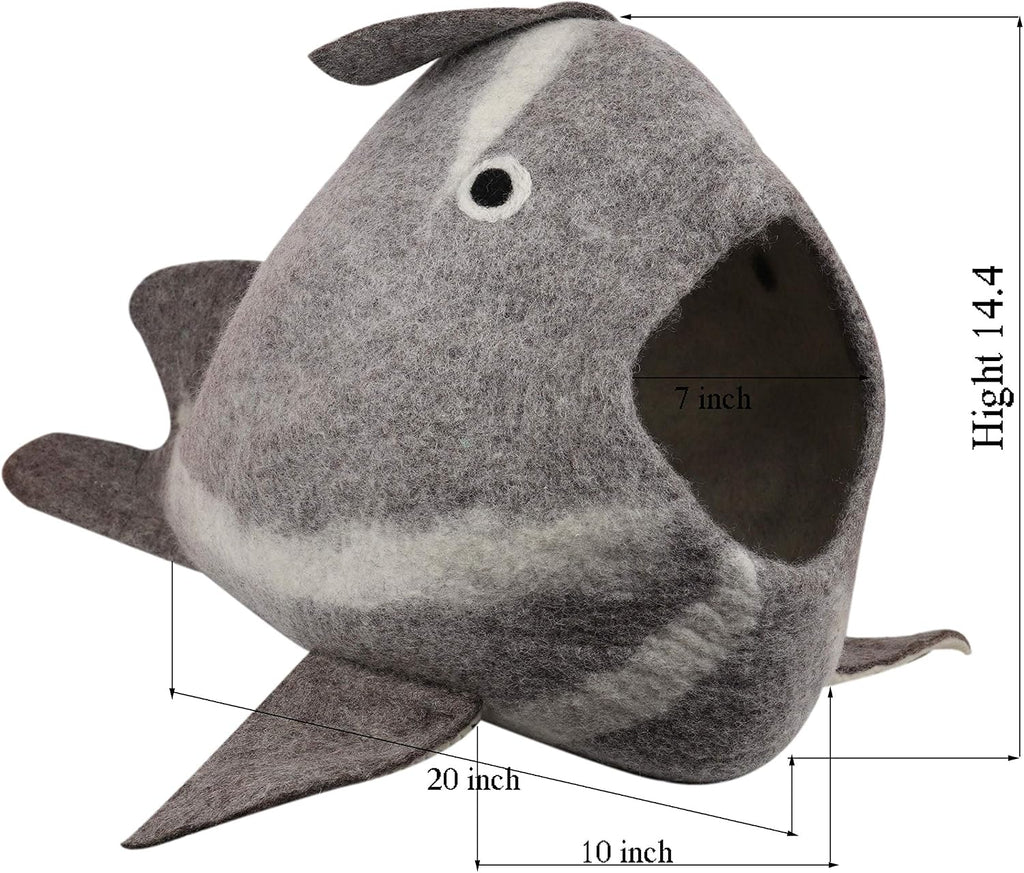 Whale Cat Cave - Felt Cat Cave Bed, Funny Cute Cat Bed, Wool Cat Cave for Indoor Cats, Fits 1 Large or 2 Small Cats