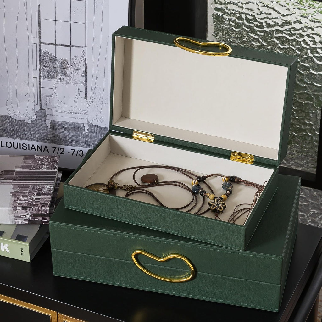 Faux Leather Boxes with Lids, Forest Green - Set of 2