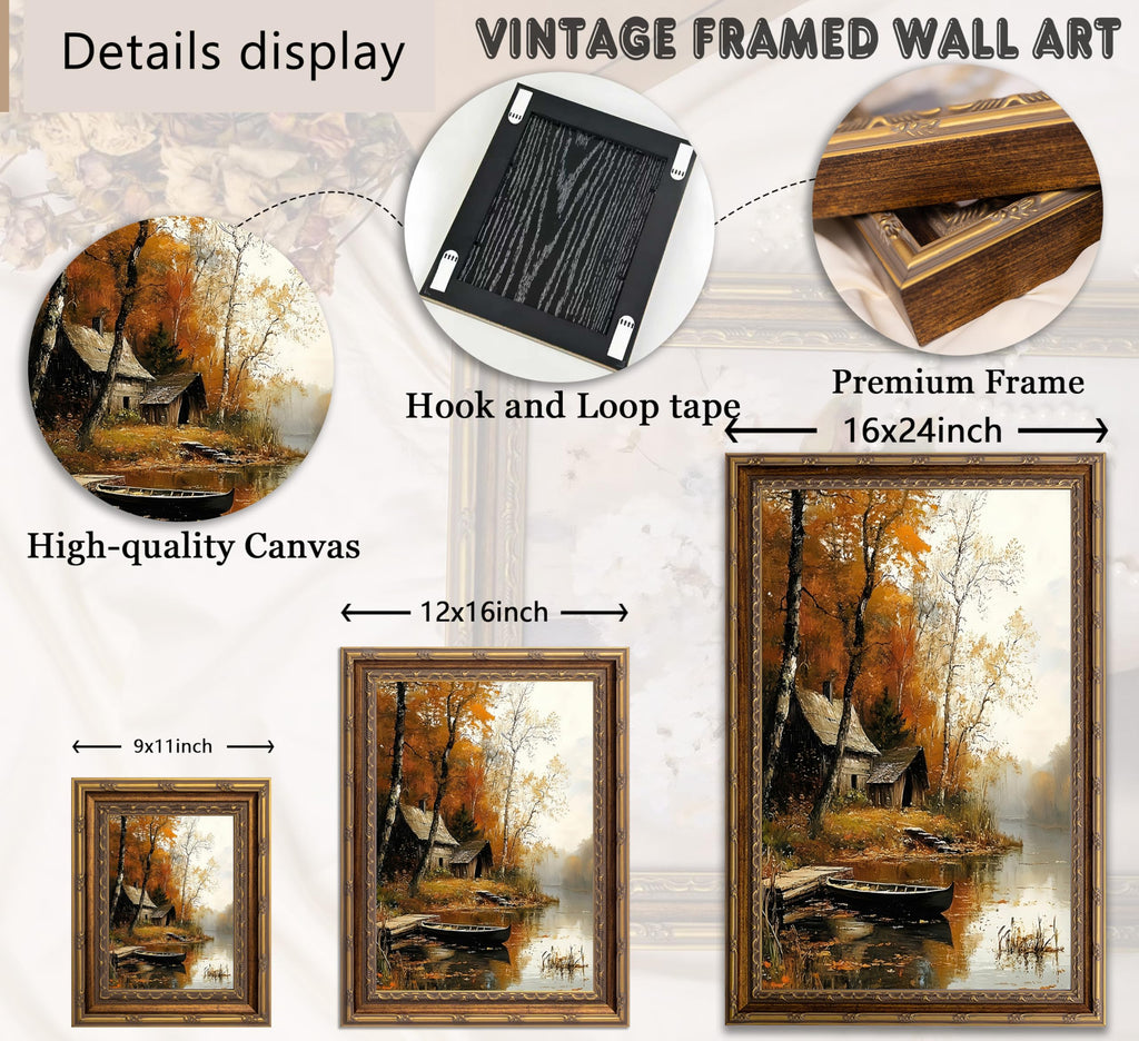 Vintage Gold Framed Wall Art, Autumn Lake Cabin with Boat Oil Painting Print, Rustic Fall Landscape Decor, Cabin