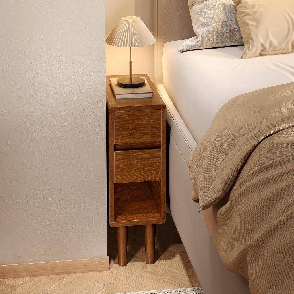 Narrow Nightstand 2 Drawers with Open Shelf Narrow Night Stand Solid Wood Bedside Table Mid Century Modern Nightstand