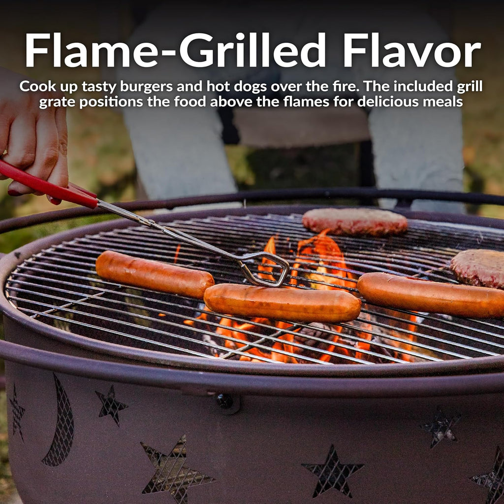 Cosmic 30-Inch Patio Fire Pit for Outside - Outdoor Wood-Burning Fire Pit with Grill Grate, Spark Screen, and Log Poker