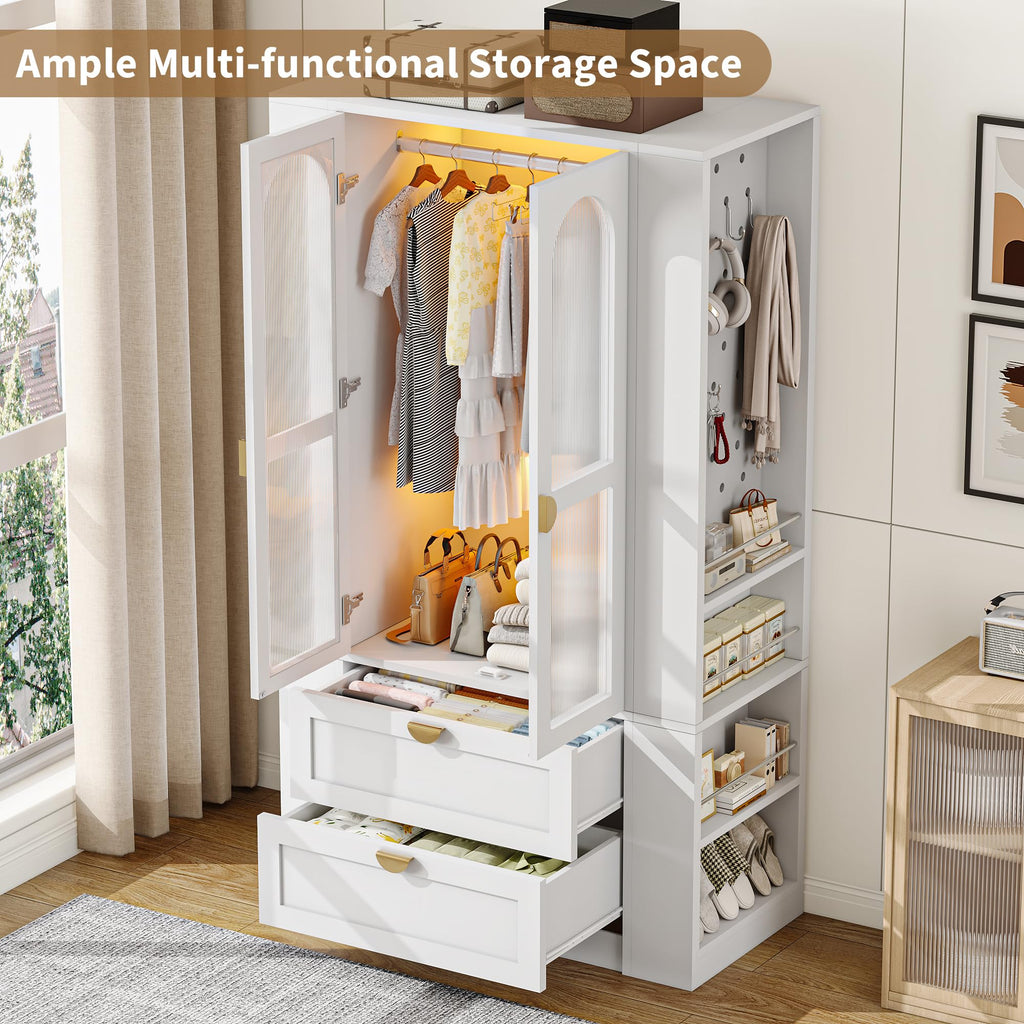 Armoire Wardrobe Closet with LED Lights & 2 Drawers, 71" Tall Clothing Storage Cabinet with Removable Hanging Rod, 4
