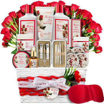 Mothers Day Spa Gifts for Women, Bath and Body Gift Set, Red Rose Gift Basket, 35Piece Stress Relief Spa Kit, Thank