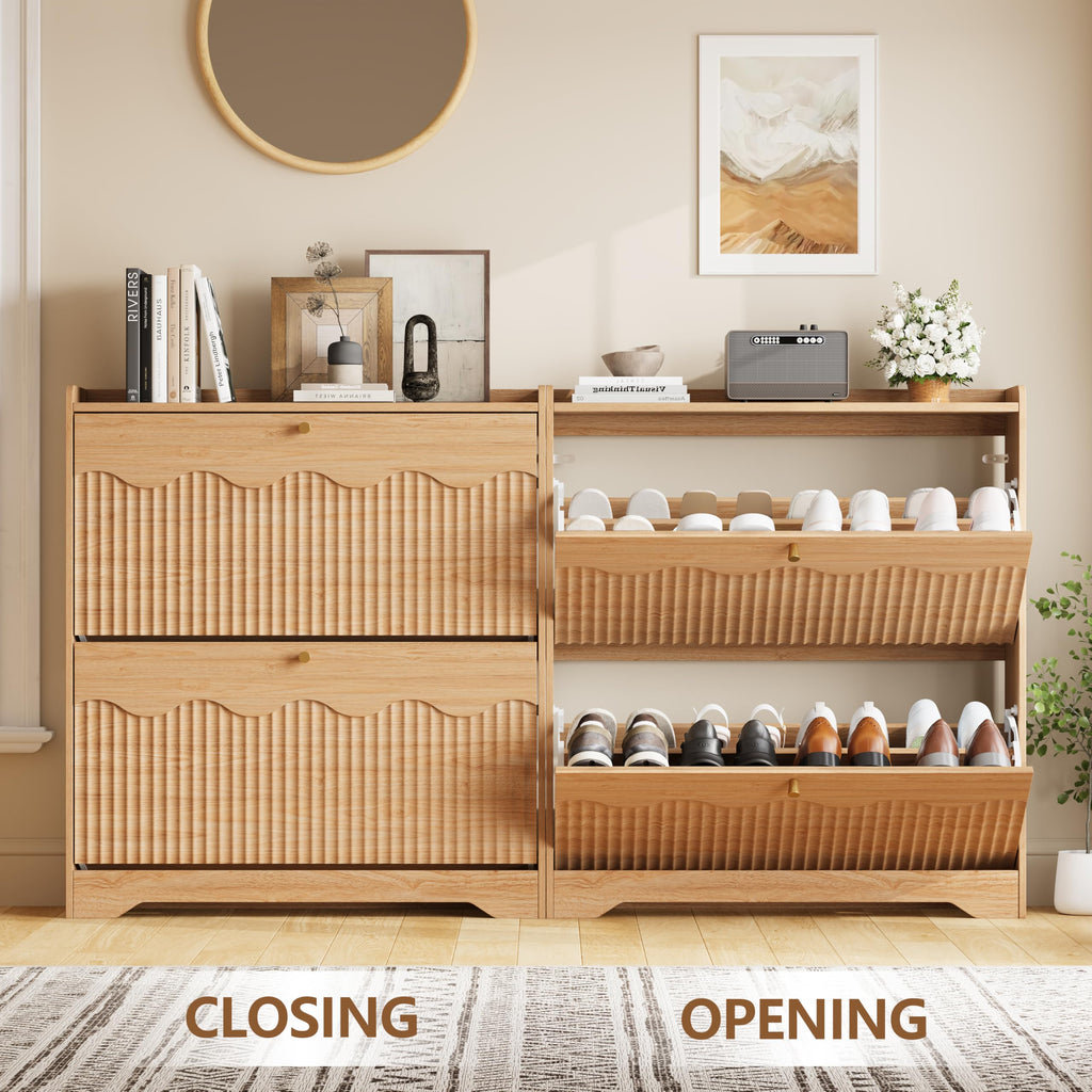 Shoe Storage Cabinet with 2 Flip Drawers and Modern Wave-Edge Fluted Panels, Slim Shoe Rack, Freestanding Narrow