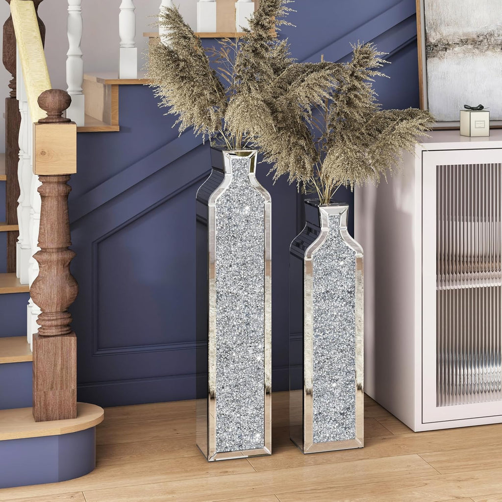 Floor Vase Crushed Diamond Mirrored Vase - Silver Floor Standing Vases Set of 2-24" & 30" Large Crystal Tall Vases