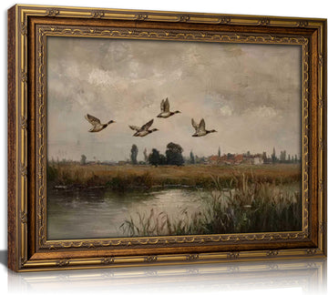 Vintage Gold Framed Flying Duck Canvas Wall Art Mallard Duck Painting Picture Wall Decor Countryside Farmhouse Poster