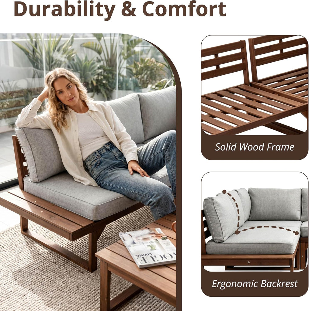 4 Piece Wood Patio Furniture, L-Shaped Outdoor Sectional Sofa Set with Coffee Table, Conversation Set with Built-in