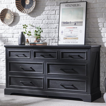 7 Drawer Dresser, 52" Wide Farmhouse Chest, Black