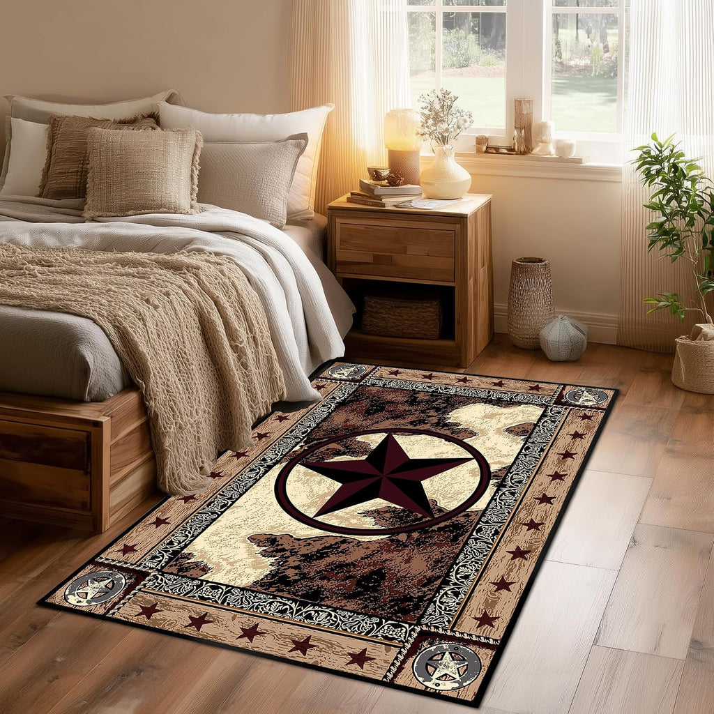 Western Rugs Area Rug,Washable Living Room Rug Vintage Rugs,Texas Star,Entryway Throw Mats Brown Non Slip Rustic