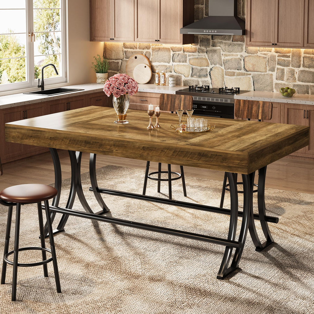 63" Counter Height Bar Table with Metal Footrest, Rectangular Tall Kitchen Dining Pub Table, Industrial Home Bar Unit