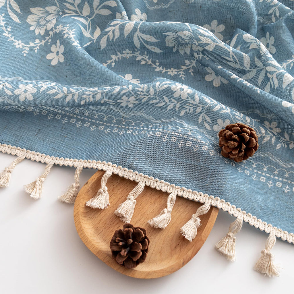 Dusty Blue Boho Floral Curtains 72 Inch Length Linen Blend