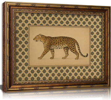 Vintage Gold Framed Leopard Wall Art, Antique Botanical Animal Canvas Print, Floral Pattern Background Wall Decor
