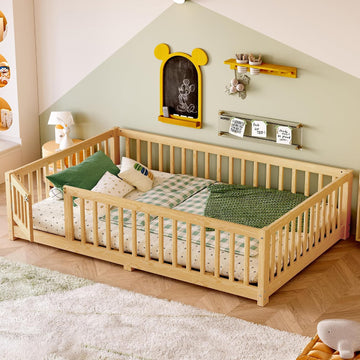 Floor Bed with Rails for Kids, Girls, Boys, Pine, Plywood Floor Bed with slats and Door, Natural