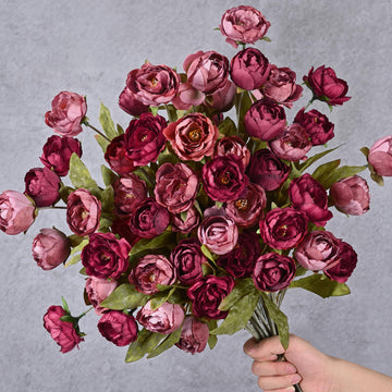 12 Pcs Faux Peonies Artificial Flowers for Vase, Pink and Burgundy