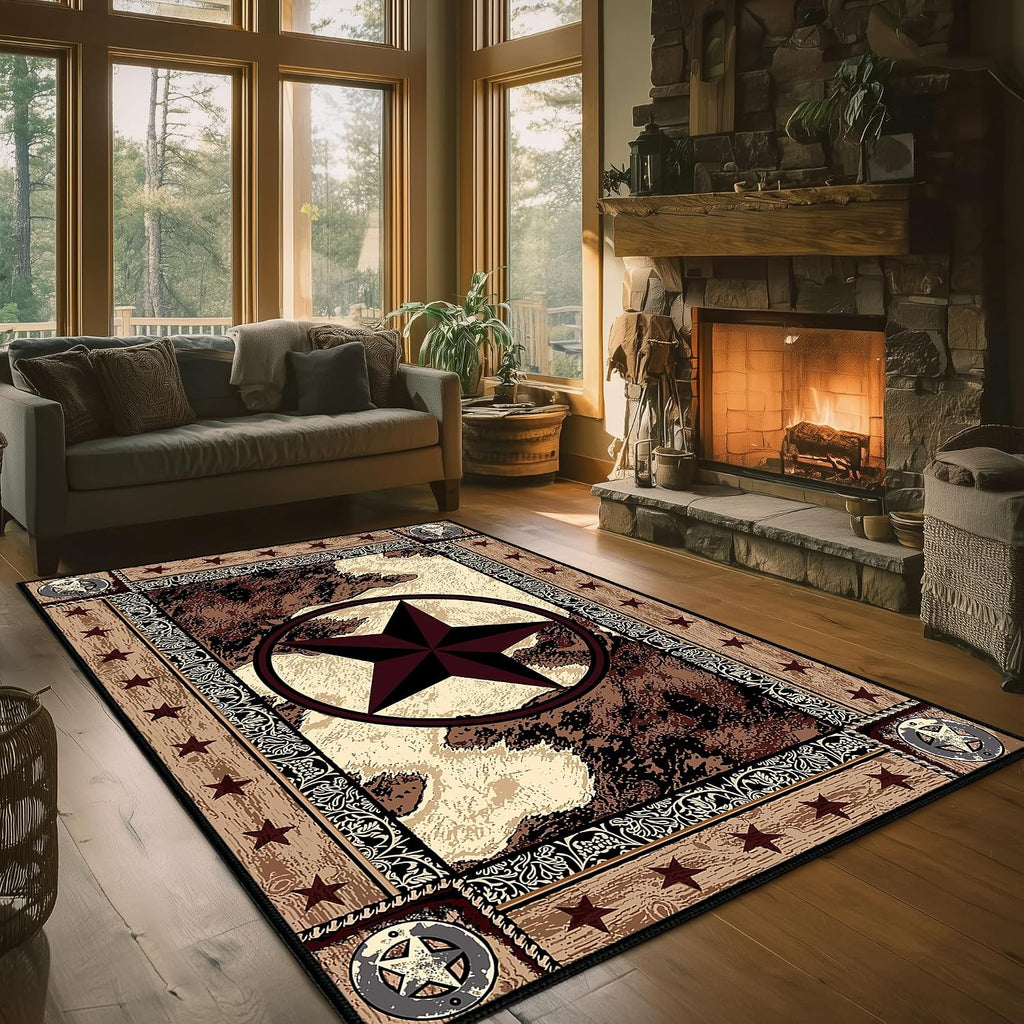 Western Rugs Area Rug,Washable Living Room Rug Vintage Rugs,Texas Star,Entryway Throw Mats Brown Non Slip Rustic