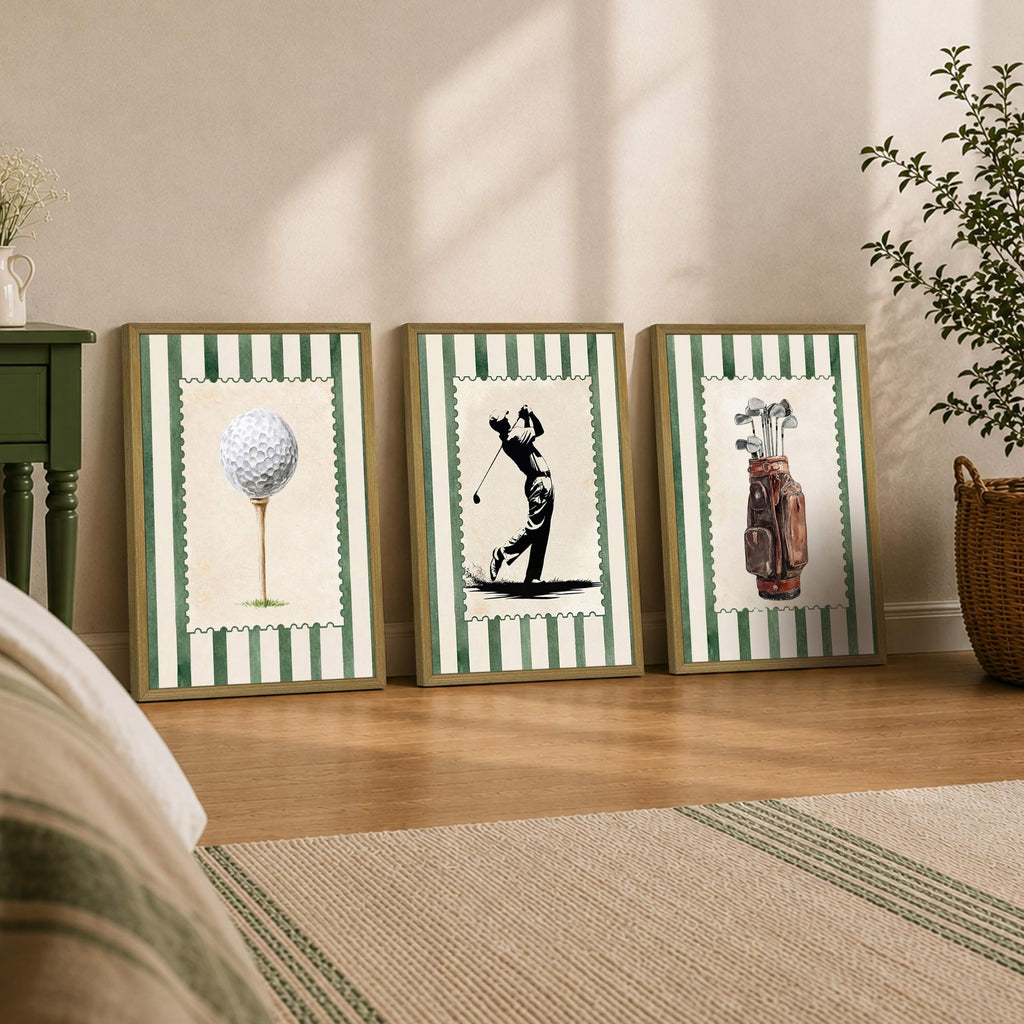 Vintage Golf Wall Art Set of 3 Canvas, Sports Framed Poster, Neutral Country Club Painting for Preppy Home Wall