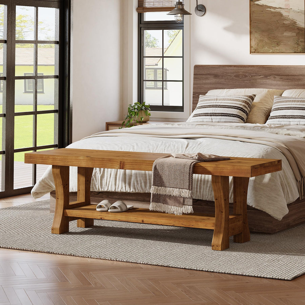 Solid Wood Entryway Bench, 55" End of Bed Bench, Long Indoor Dining Seat, Easy Assembly, Brown