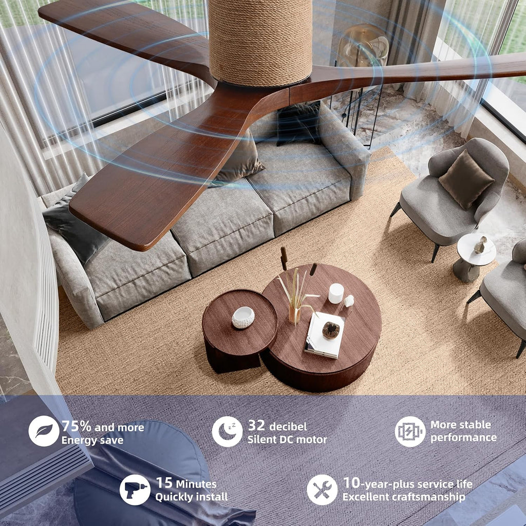 52" Low Profile Ceiling Fan No Light, Boho Farmhouse Flush Mount Ceiling Fan with Remote, Solid Wood Blades