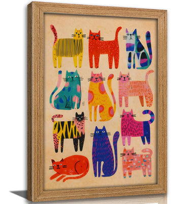 Framed Colorful Abstract Cat Wall Art, Cute Kitten Painting Canvas Print, Colorful Cartoon Animal Wall Decor