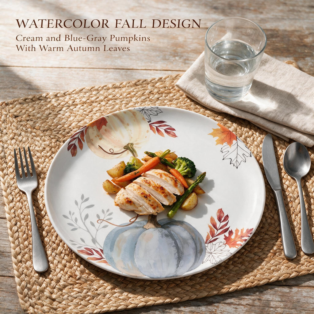 Melamine Dinner Plates, Set of 12, 10.5 Inch Fall Plates, Pumpkin Design
